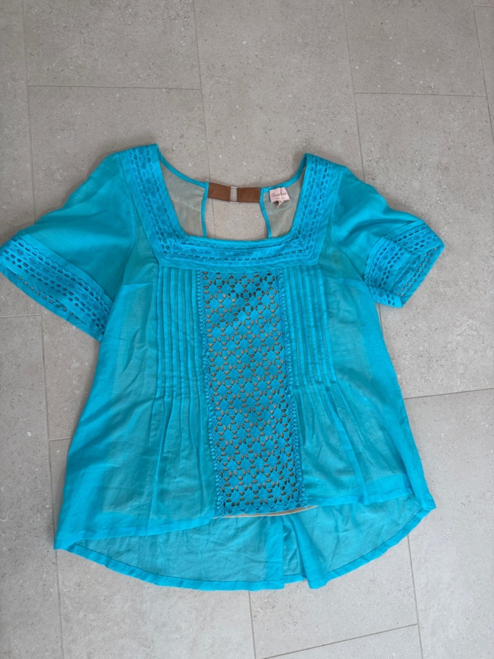 Tracy Reese Turquoise Crochet-Paneled Cotton Blouse